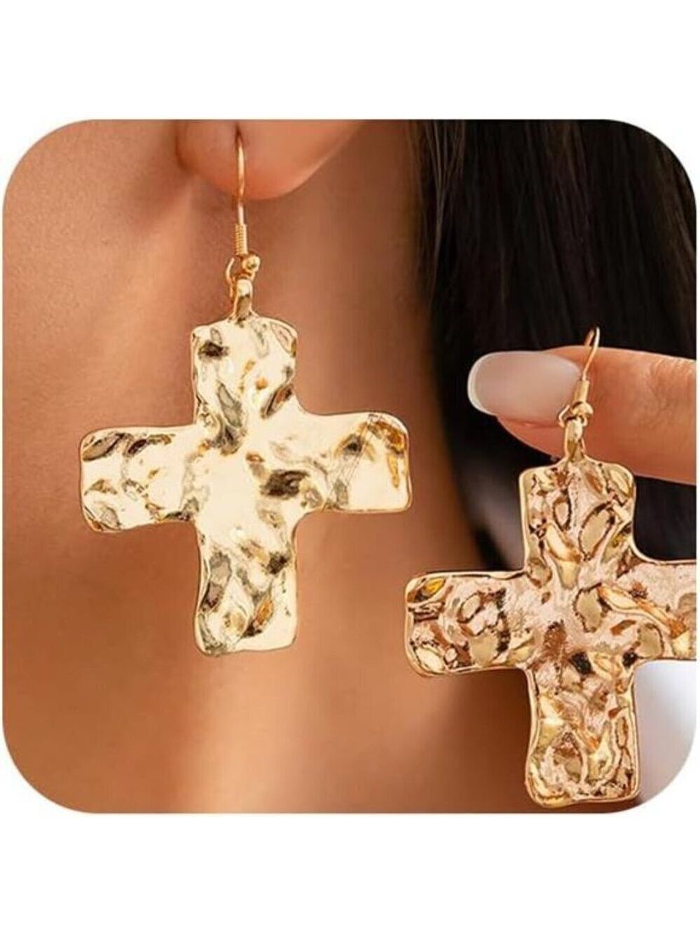 Chunky Gold Big Hammered Cross Drop Dangle Earrings for Women Trendy Jewelry